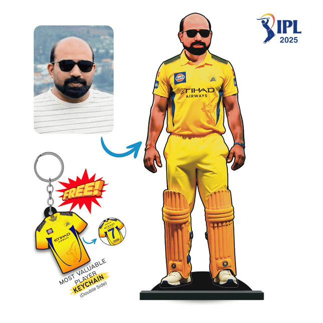 Custom IPL Team Miniature with Your Face + Free Keychain: Chennai Super Kings