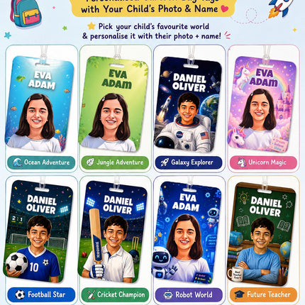 Personalised Bag Tags With Child Cartoon Photo & Name - Pack of 2
