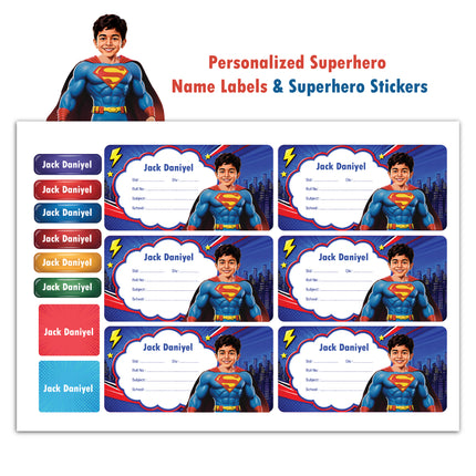 Superhero Custom Labels & Stickers with Child Photo & Name – 4 Characters in 1 Pack