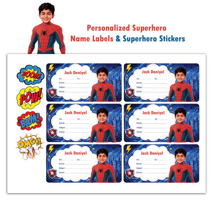 Superhero Custom Labels & Stickers with Child Photo & Name – 4 Characters in 1 Pack