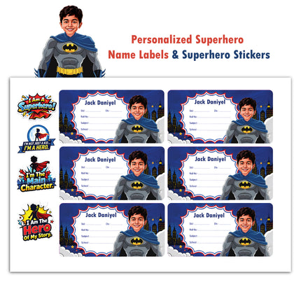 Superhero Custom Labels & Stickers with Child Photo & Name – 4 Characters in 1 Pack