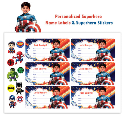 Superhero Custom Labels & Stickers with Child Photo & Name – 4 Characters in 1 Pack