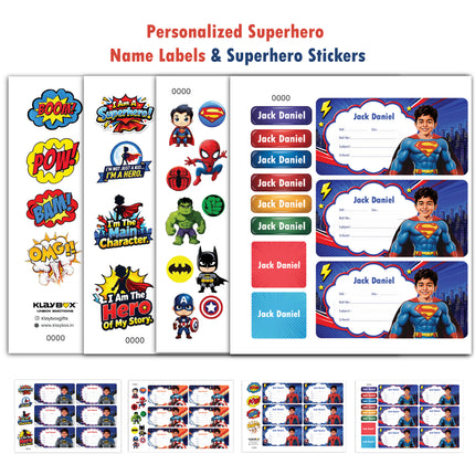 Superhero Custom Labels & Stickers with Child Photo & Name – 4 Characters in 1 Pack