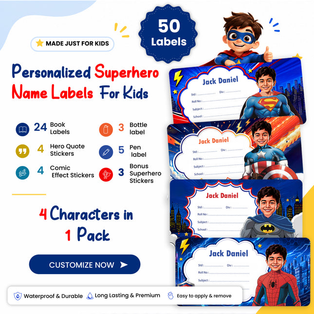 Superhero Custom Labels & Stickers with Child Photo & Name – 4 Characters in 1 Pack